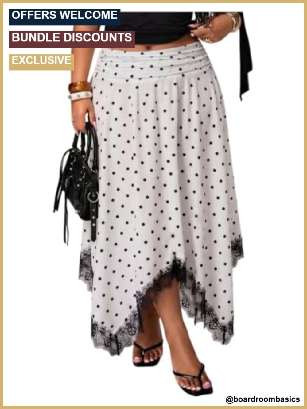 Plus Size Polka Dot High Waist Flowy Skirt with Lace Trim Asymmetrical Hem